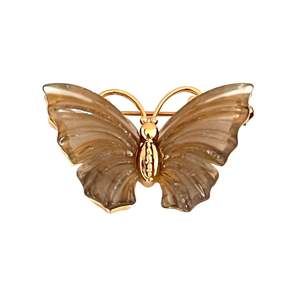 Vintage 1970s Butterfly Brooch Gold Tone Smoky Wings Figural - 1K